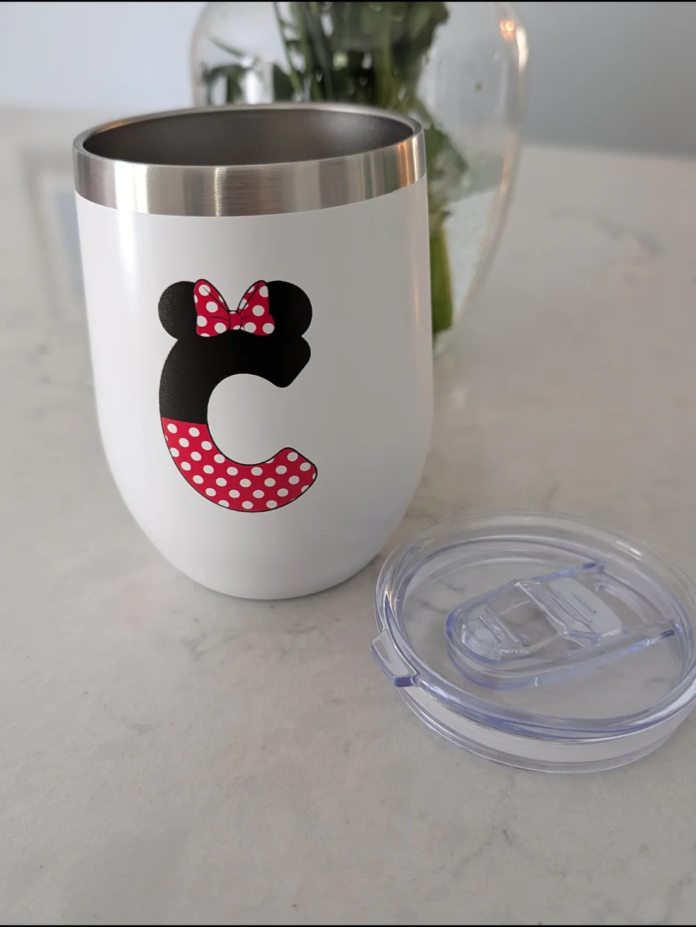 Mini Mouse Themed White Stemless Tumbler with Red Polka Dot Accent